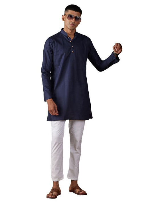 VASTRAMAY Men's Navy Blue And White Cotton Blend Kurta Pyjama Set