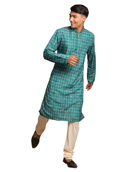 Vastramay Men's Green And Cream Cotton Blend Kurta Pyjama Set