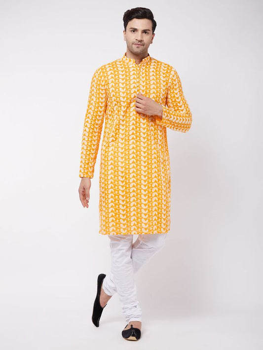 Vastramay Men's Orange And White Pure Cotton Kurta Pyjama Set