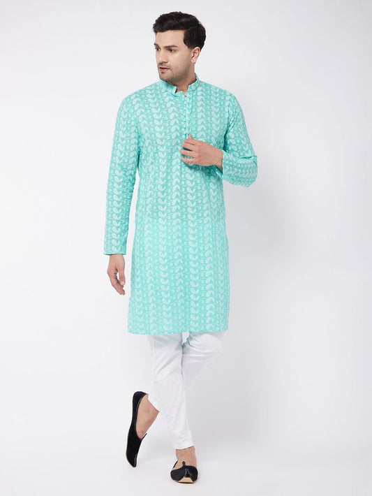 Vastramay Men's Green And White Pure Cotton Kurta Pyjama Set