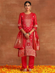 Indo Era Rani Pink Woven Design Straight Kurta Trousers With Dupatta Set