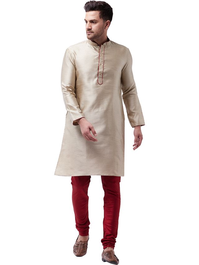 Vastramay Men's Beige Silk Blend Kurta Pyjama Set