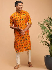 Vastramay Men's Yellow And Cream Cotton Blend Kurta Pyjama Set