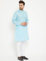 VM by Vastramay Men's Aqua Blue And White Cotton Blend Kurta Pyjama Set