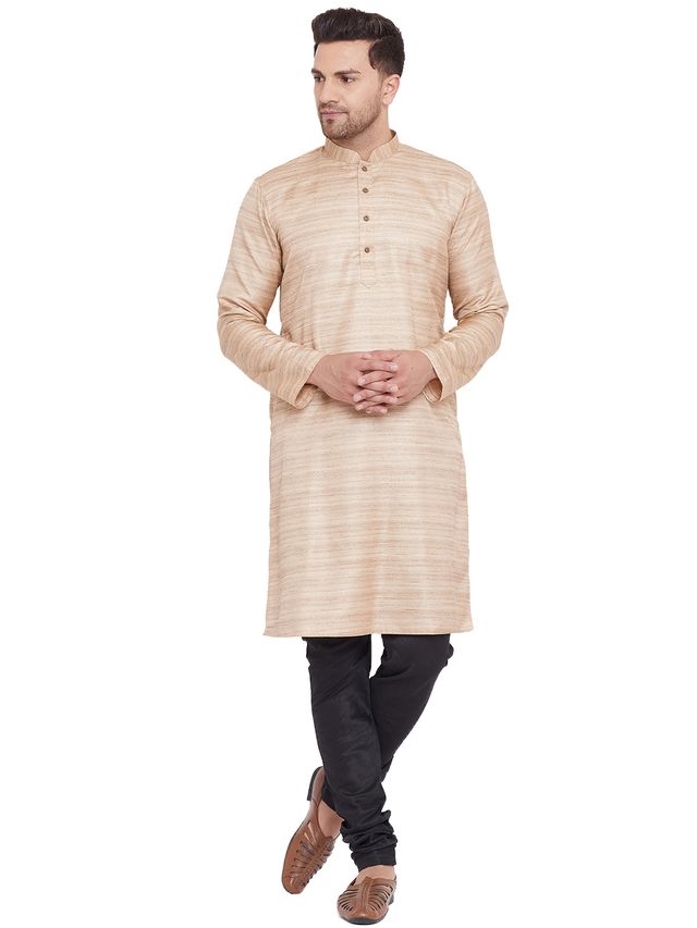 VM by Vastramay Men's Beige And Black Silk Blend Kurta Pyjama Set