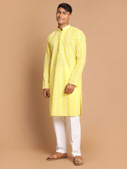 Vastramay Men's Mustard And White Pure Cotton Kurta Pyjama Set