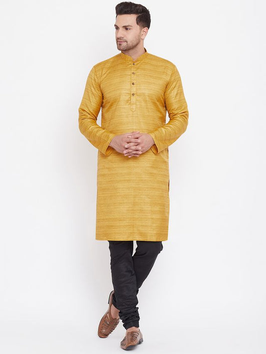 VM by Vastramay Men's Mustard And Black Silk Blend Kurta Pyjama Set