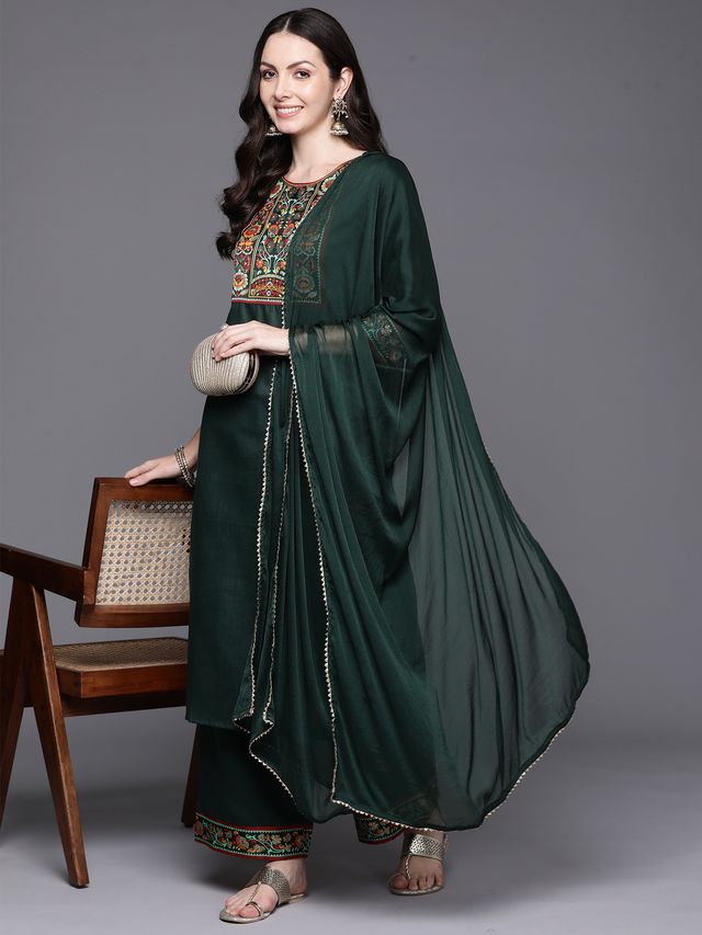 Indo Era Green Yoke Design Straight Kurta Palazzos With Dupatta Set