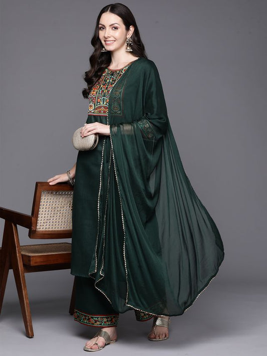 Indo Era Green Yoke Design Straight Kurta Palazzos With Dupatta Set