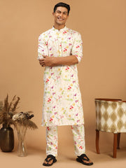 Vastramay Men's Cream Cotton Blend Kurta Pyjama Set