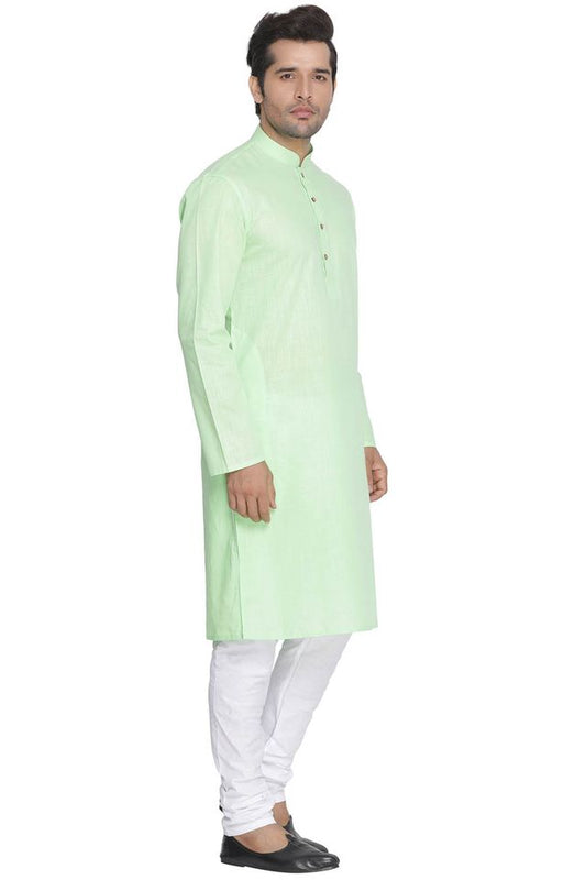 Vastramay Men's Green Cotton Linen Blend Kurta Pyjama Set