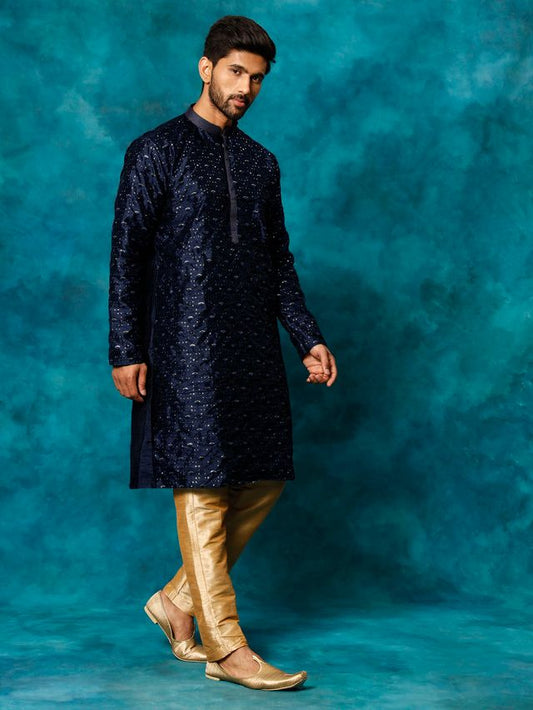 VM Men's Navy Blue And Rose Gold Silk Blend Kurta Pyjama Set