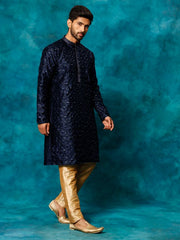 VM Men's Navy Blue And Rose Gold Silk Blend Kurta Pyjama Set