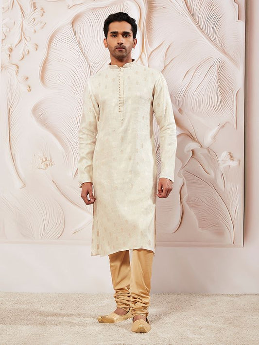 VASTRAMAY Men's Cream Silk Blend Kurta Pyjama Set