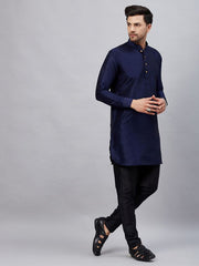 VM Men's Navy Blue And Black Cotton Blend Kurta Pyjama Set