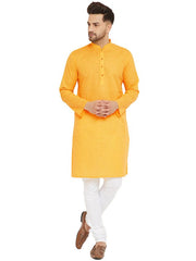 VM by Vastramay Men's Yellow And White Cotton Blend Kurta Pyjama Set