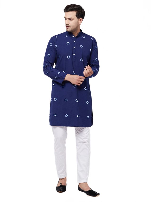 Vastramay Men's Blue And White Pure Cotton Kurta Pyjama Set