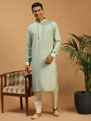 Shrestha By Vastramay Men's Green And Cream Cotton Blend Kurta Pyjama Set