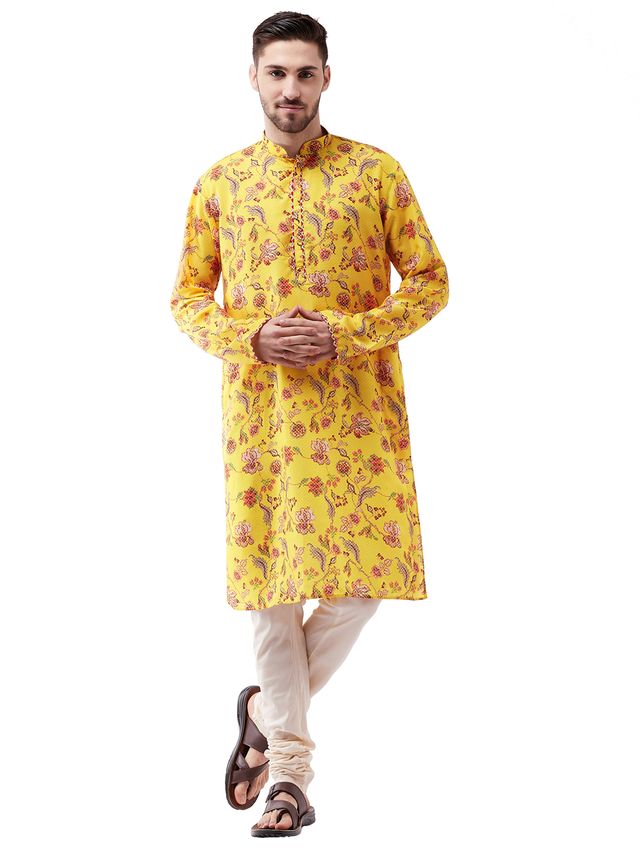 Vastramay Men's Floral Printed Multicolor-Base-Yellow Silk Blend Kurta And Pyjama Set