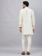 VM Men's Cream And Cream Cotton Blend Kurta Pyjama Set