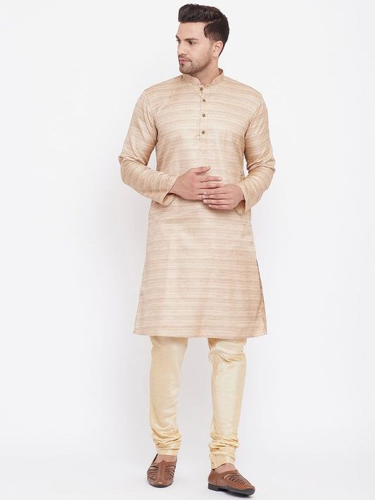 VM by Vastramay Men's Beige And Gold Silk Blend Kurta Pyjama Set