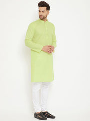 VM by Vastramay Men's Green And White Cotton Blend Kurta Pyjama Set