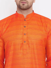 VM by Vastramay Men's Orange And Gold Silk Blend Kurta Pyjama Set