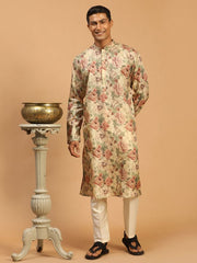 Vastramay Men's Cream And Brown Silk Blend Kurta Pyjama Set