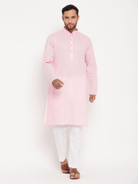 VM Men's Pink And White Cotton Kurta Pyjama Set