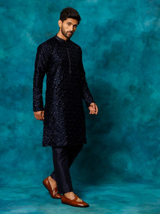 VM Men's Navy Blue Silk Blend Kurta Pyjama Set