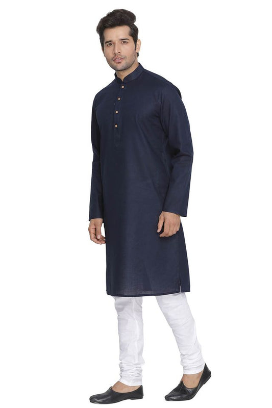 Vastramay Men's Blue Cotton Linen Blend Kurta Pyjama Set