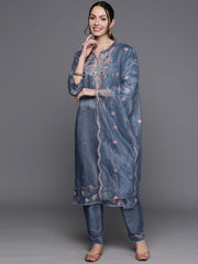 Indo Era Blue Embroidered Straight Ethnic Kurta Trousers With Dupatta Set