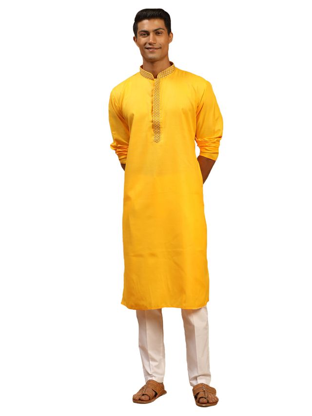 Vastramay Men's Yellow Cotton Blend Kurta & Pyjama Set