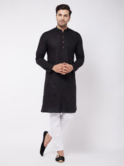 Vastramay Men's Black And White Cotton Linen Kurta Pyjama Set