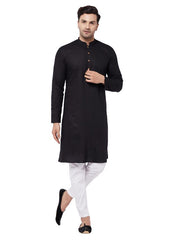 Vastramay Men's Black And White Cotton Linen Kurta Pyjama Set