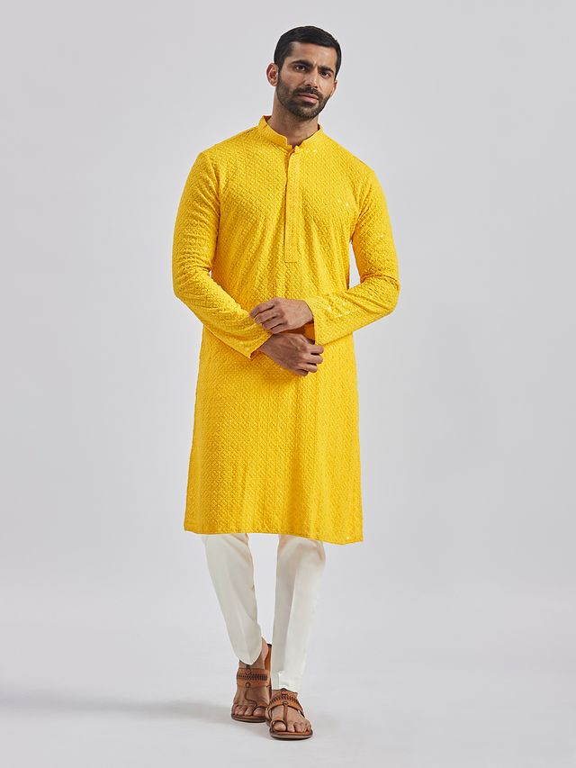 VASTRAMAY Men's Yellow And White Rayon Cotton Kurta Pyjama Set