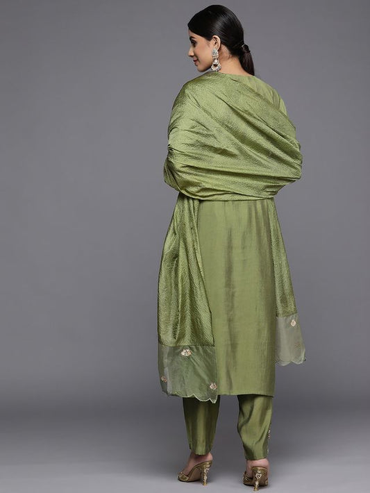 Indo Era Green Embroidered Straight Kurta Trousers With Dupatta Set