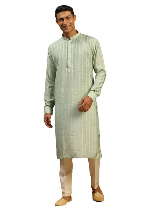 Shrestha By Vastramay Men's Green And Cream Cotton Blend Kurta Pyjama Set