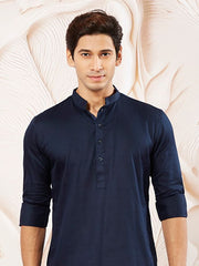 VASTRAMAY Men's Navy Blue Cotton Blend Kurta Pyjama Set