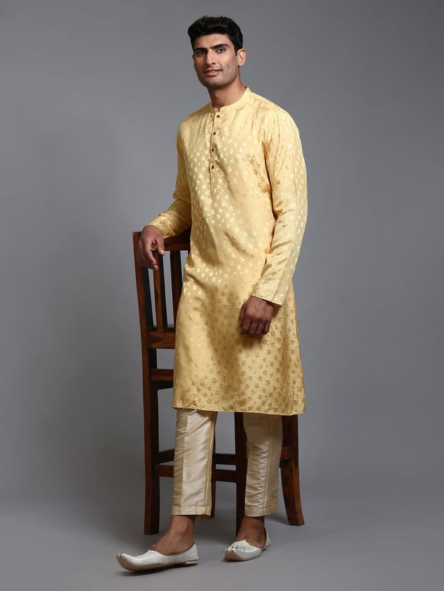 VM Men's Yellow And Gold Silk Blend Kurta Pyjama Set