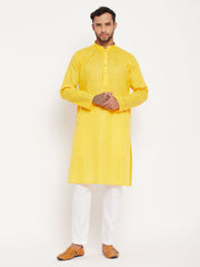 VM Men's Yellow And White Cotton Kurta Pyjama Set