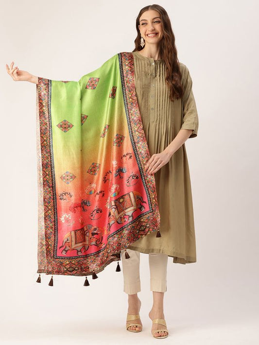 Sangam Prints Multi color Art Silk Printed Traditional Tassel Dupatta