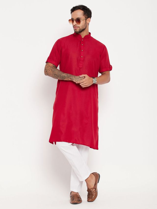 VM Men's Maroon And White Cotton Kurta Pyjama Set