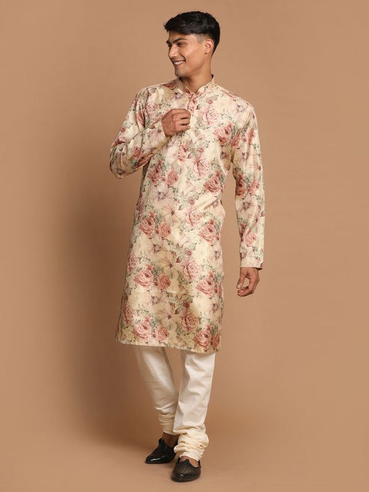 Vastramay Men's Cream And Brown Silk Blend Kurta Pyjama Set