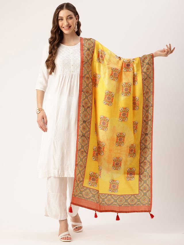 Sangam Prints Yellow Art Silk Printed Traditional Tassel Dupatta