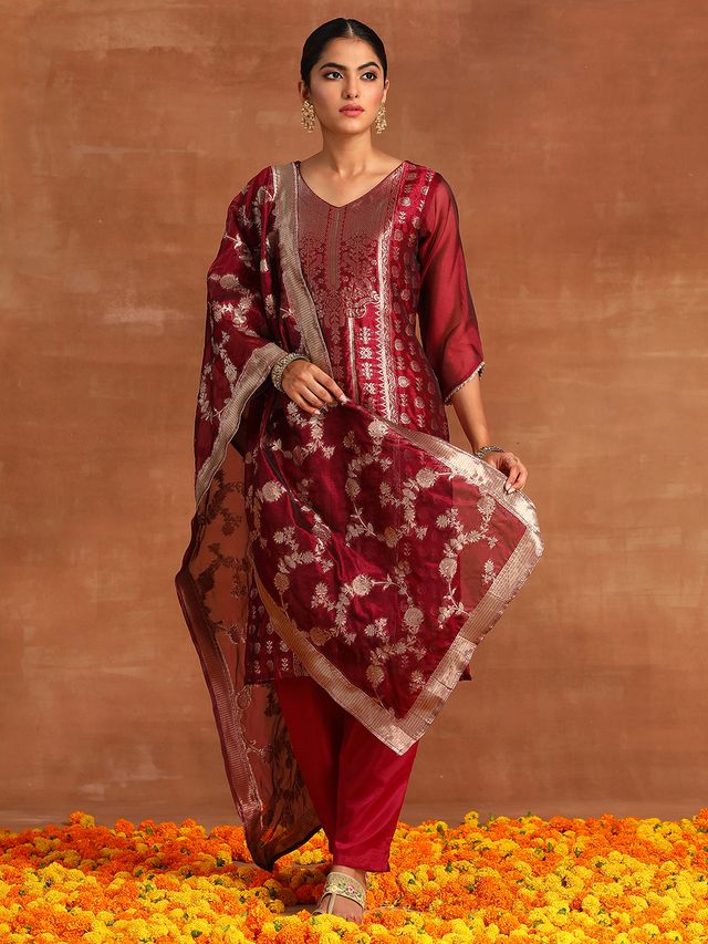 Indo Era Wine Woven Design Straight Kurta Trouders With Dupatta Set