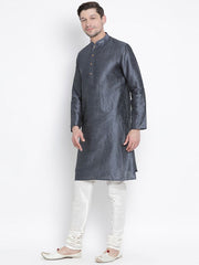 VM by Vastramay Men's Grey Silk Blend Kurta Pyjama Set