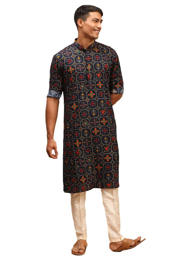 Vastramay Men's Blue And Cream Cotton Blend Kurta Pyjama Set