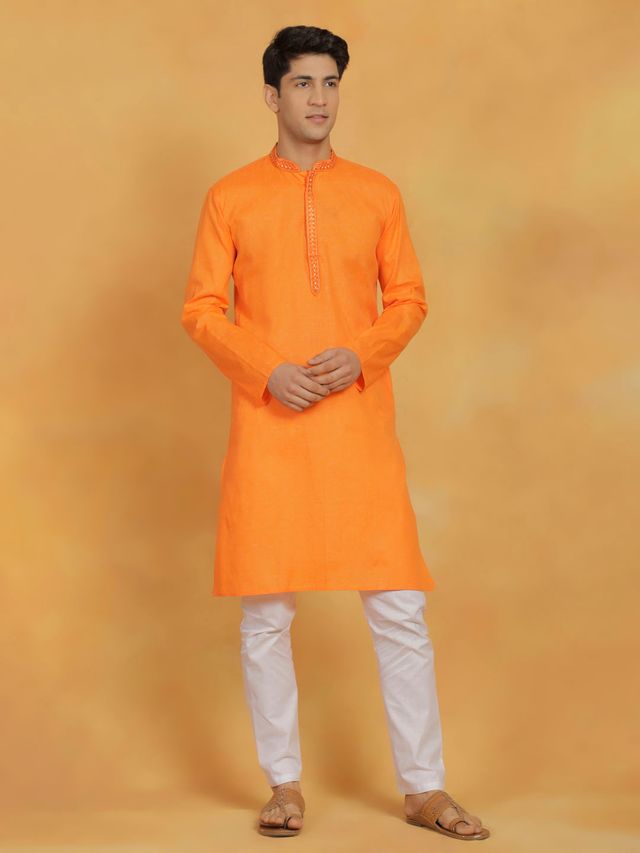 VASTRAMAY Men's Orange And White Cotton Kurta Pyjama Set