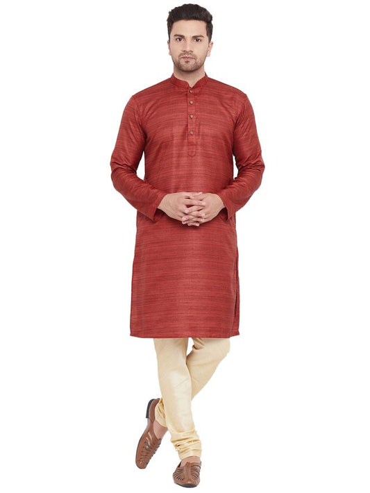 VM by Vastramay Men's Maroon And Gold Silk Blend Kurta Pyjama Set